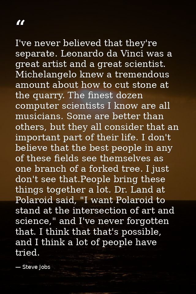 I've never believed that they're separate. Leonardo da Vinci was a great artist and a great scientist. Michelangelo knew — Steve Jobs
