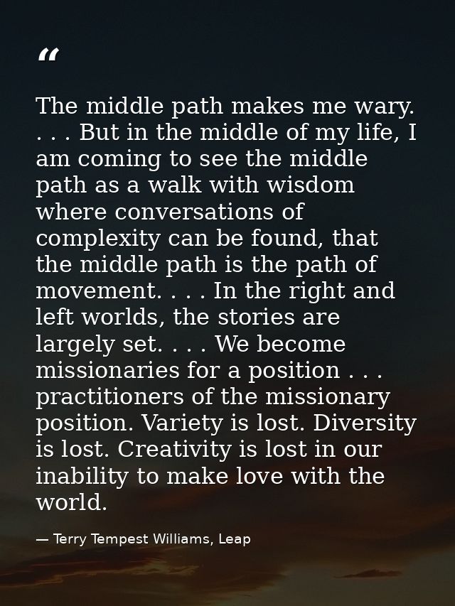 The middle path makes me wary. . . . But in the middle of my life, I am coming to see the middle path as a walk with wis — Terry Tempest Williams, Leap