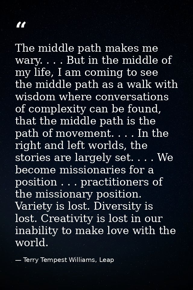 The middle path makes me wary. . . . But in the middle of my life, I am coming to see the middle path as a walk with wis — Terry Tempest Williams, Leap