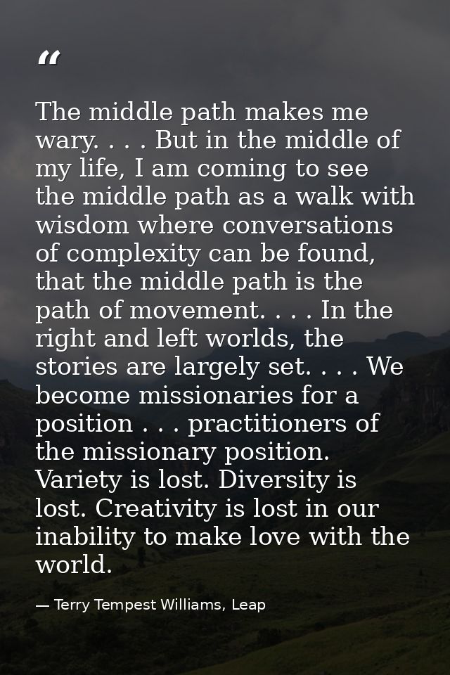 The middle path makes me wary. . . . But in the middle of my life, I am coming to see the middle path as a walk with wis — Terry Tempest Williams, Leap