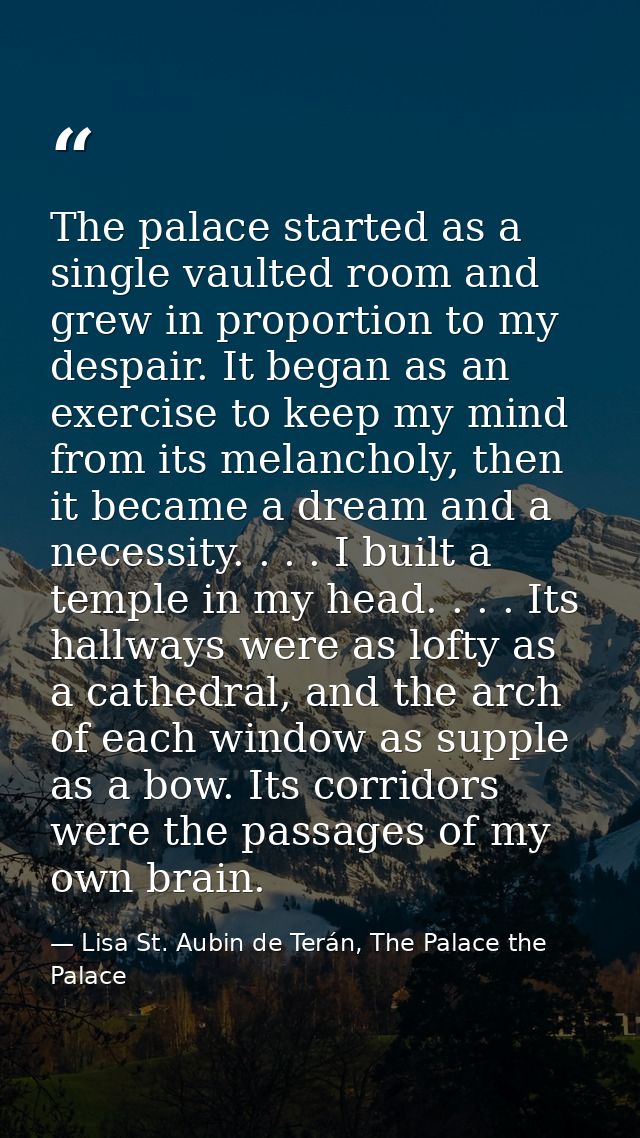 The palace started as a single vaulted room and grew in proportion to my despair. It began as an exercise to keep my min — Lisa St. Aubin de Terán, The Palace the Palace