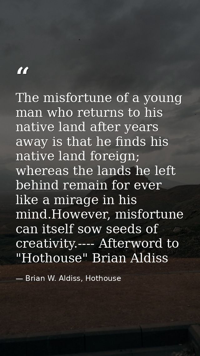 The misfortune of a young man who returns to his native land after years away is that he finds his native land foreign;  — Brian W. Aldiss, Hothouse