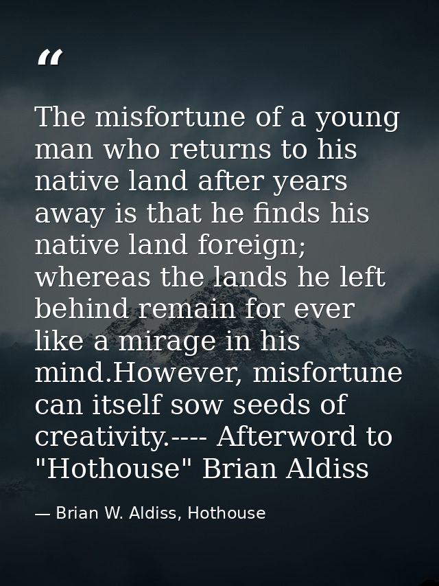 The misfortune of a young man who returns to his native land after years away is that he finds his native land foreign;  — Brian W. Aldiss, Hothouse