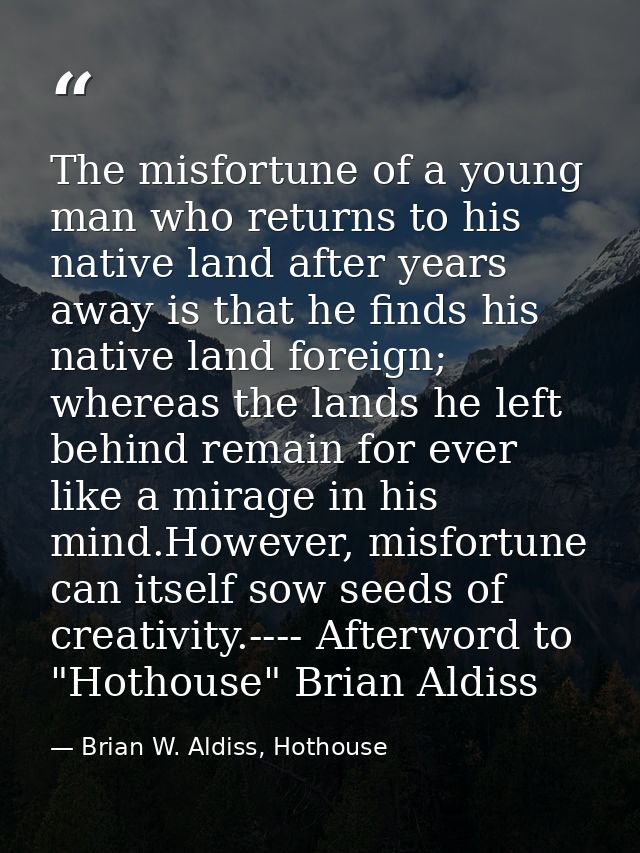 The misfortune of a young man who returns to his native land after years away is that he finds his native land foreign;  — Brian W. Aldiss, Hothouse