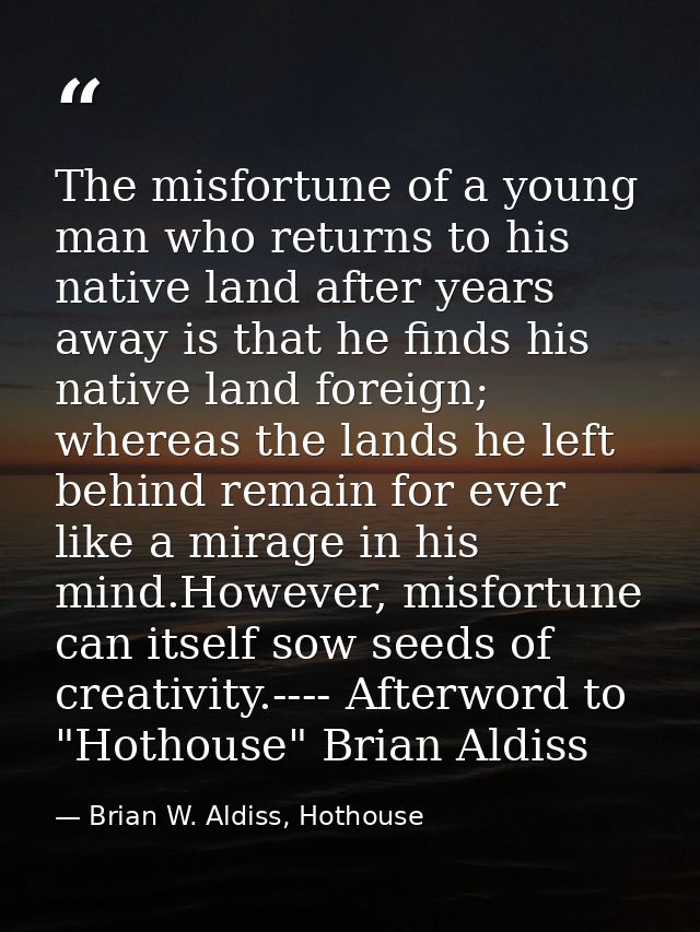 The misfortune of a young man who returns to his native land after years away is that he finds his native land foreign;  — Brian W. Aldiss, Hothouse