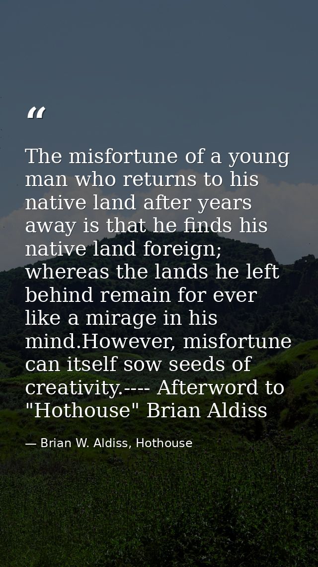 The misfortune of a young man who returns to his native land after years away is that he finds his native land foreign;  — Brian W. Aldiss, Hothouse