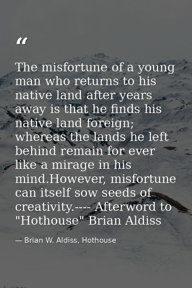 The misfortune of a young man who returns to his native land after years away is that he finds his native land foreign;  — Brian W. Aldiss, Hothouse