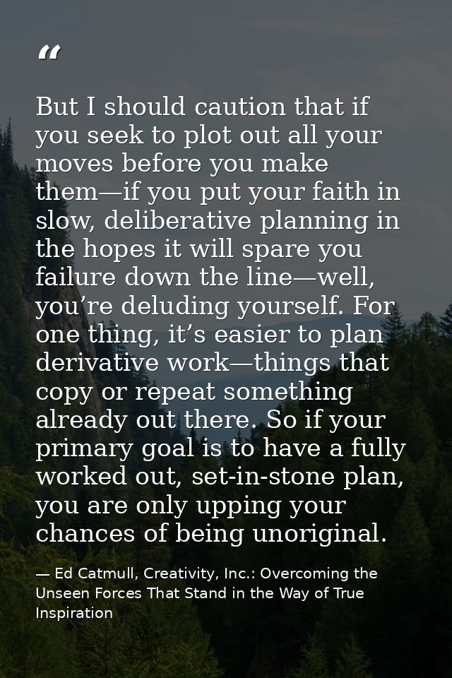 But I should caution that if you seek to plot out all your moves before you make them—if you put your faith in slow, del — Ed Catmull, Creativity, Inc.: Overcoming the Unseen Forces That Stand in the Way of True Inspiration