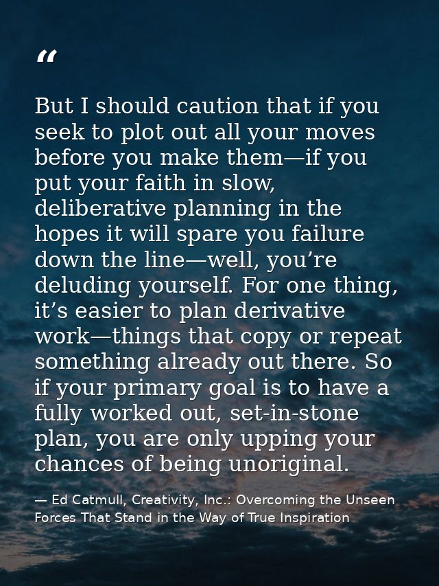 But I should caution that if you seek to plot out all your moves before you make them—if you put your faith in slow, del — Ed Catmull, Creativity, Inc.: Overcoming the Unseen Forces That Stand in the Way of True Inspiration