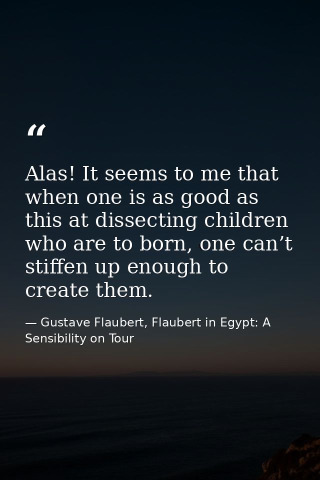 Alas! It seems to me that when one is as good as this at dissecting children who are to born, one can’t stiffen up enoug — Gustave Flaubert, Flaubert in Egypt: A Sensibility on Tour