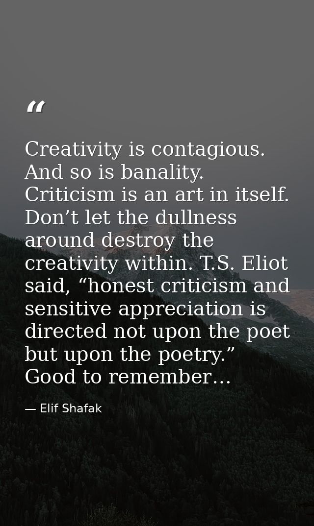 Creativity is contagious. And so is banality. Criticism is an art in itself. Don’t let the dullness around destroy the c — Elif Shafak