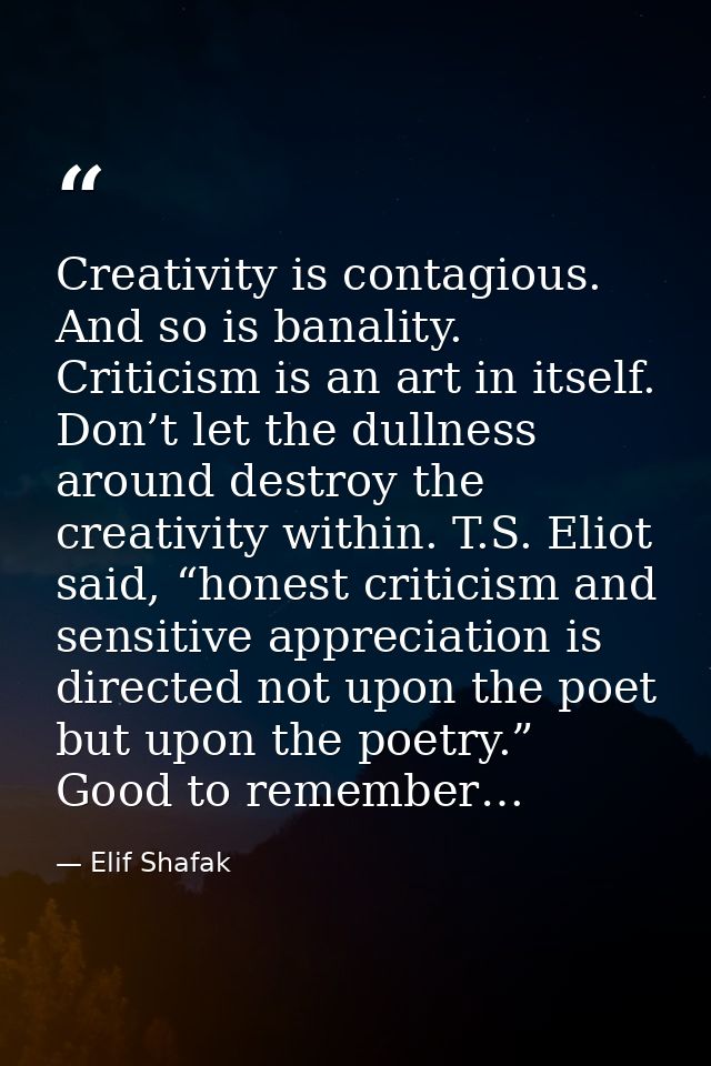 Creativity is contagious. And so is banality. Criticism is an art in itself. Don’t let the dullness around destroy the c — Elif Shafak