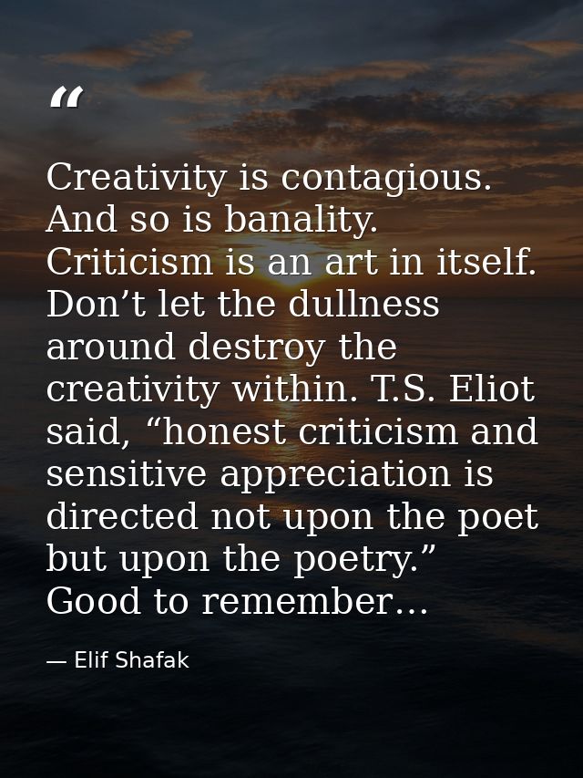 Creativity is contagious. And so is banality. Criticism is an art in itself. Don’t let the dullness around destroy the c — Elif Shafak