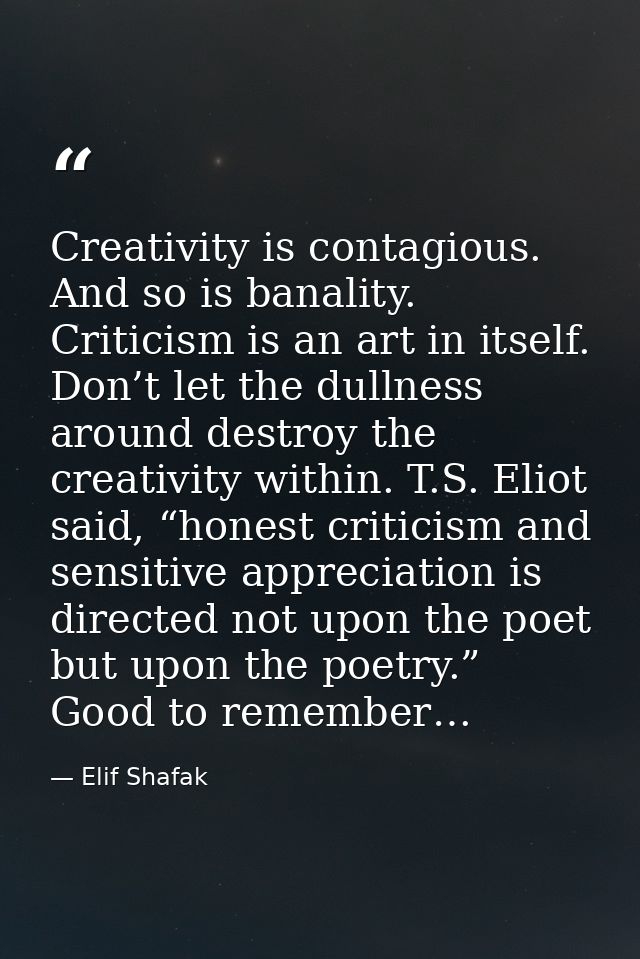 Creativity is contagious. And so is banality. Criticism is an art in itself. Don’t let the dullness around destroy the c — Elif Shafak