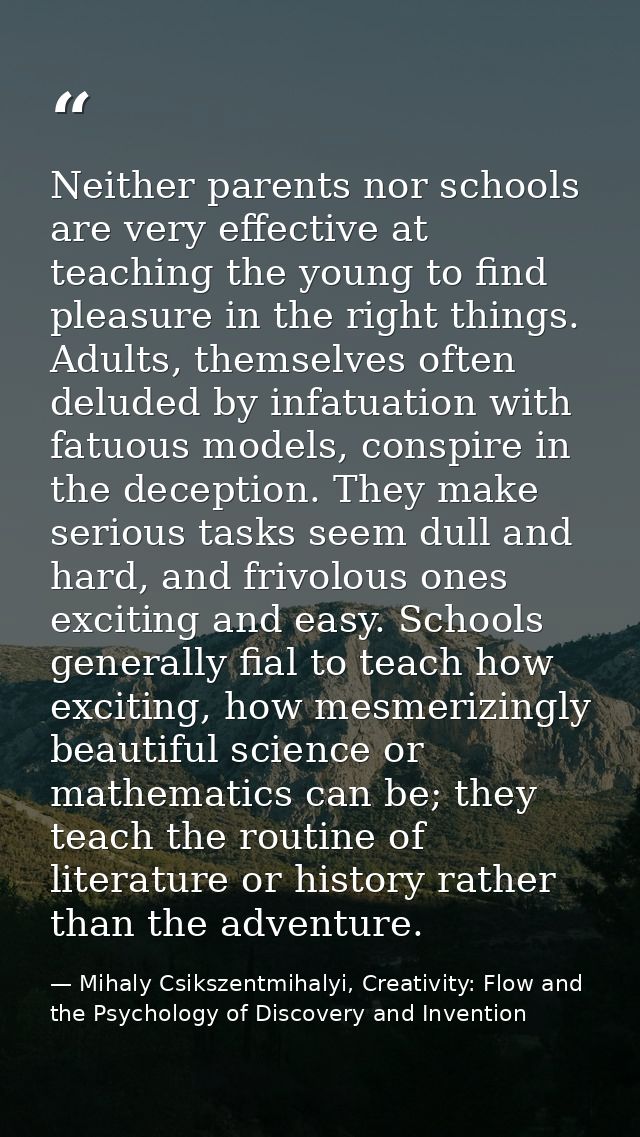 Neither parents nor schools are very effective at teaching the young to find pleasure in the right things. Adults, thems — Mihaly Csikszentmihalyi, Creativity: Flow and the Psychology of Discovery and Invention