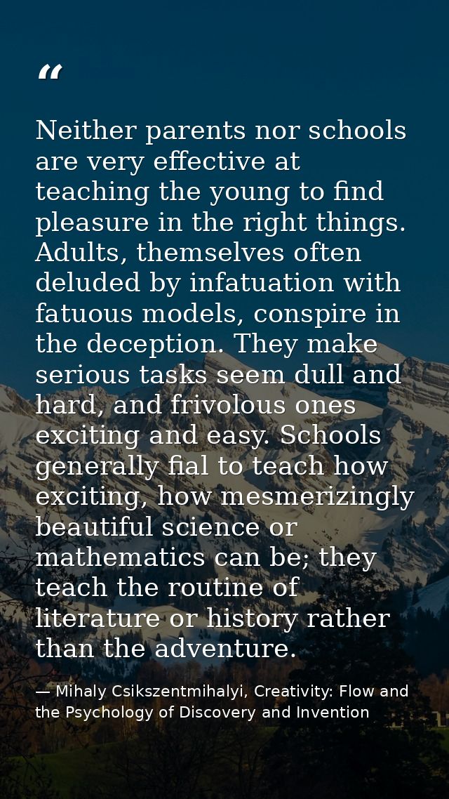 Neither parents nor schools are very effective at teaching the young to find pleasure in the right things. Adults, thems — Mihaly Csikszentmihalyi, Creativity: Flow and the Psychology of Discovery and Invention