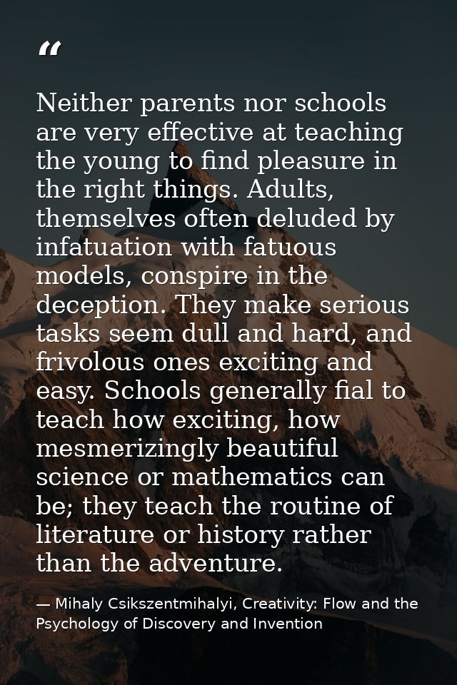Neither parents nor schools are very effective at teaching the young to find pleasure in the right things. Adults, thems — Mihaly Csikszentmihalyi, Creativity: Flow and the Psychology of Discovery and Invention