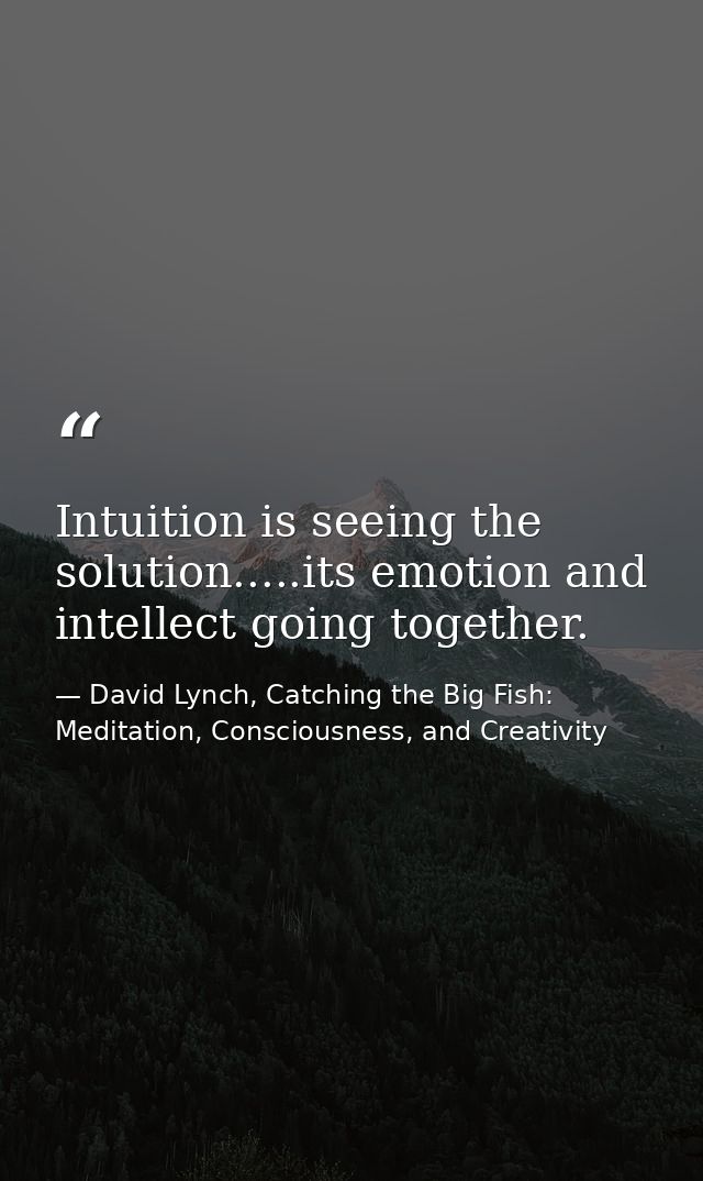 Intuition is seeing the solution.....its emotion and intellect going together. — David Lynch, Catching the Big Fish: Meditation, Consciousness, and Creativity