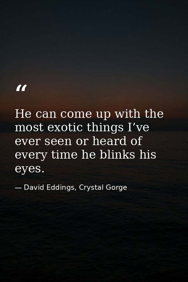 He can come up with the most exotic things I’ve ever seen or heard of every time he blinks his eyes. — David Eddings, Crystal Gorge