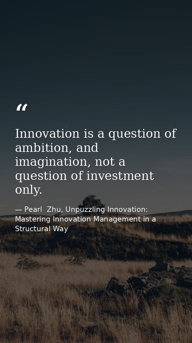 Innovation is a question of ambition, and imagination, not a question of investment only. — Pearl  Zhu, Unpuzzling Innovation: Mastering Innovation Management in a Structural Way