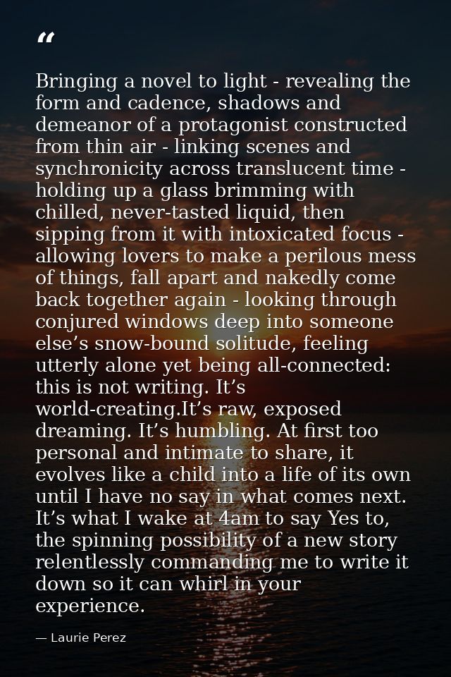 Bringing a novel to light - revealing the form and cadence, shadows and demeanor of a protagonist constructed from thin  — Laurie Perez