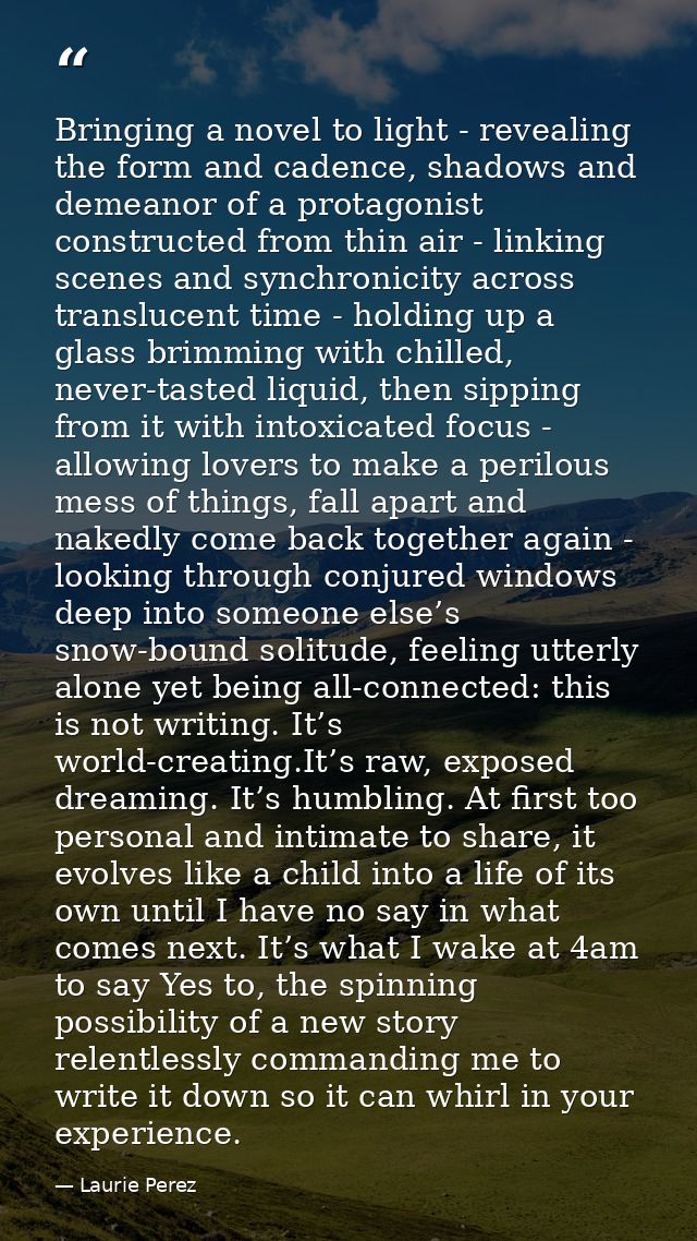 Bringing a novel to light - revealing the form and cadence, shadows and demeanor of a protagonist constructed from thin  — Laurie Perez