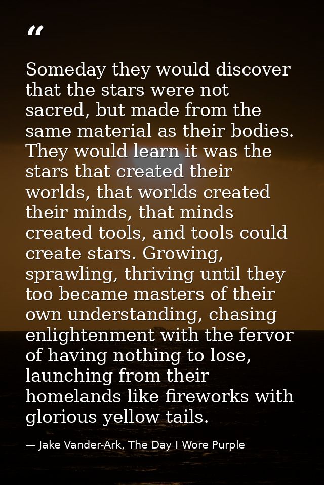 Someday they would discover that the stars were not sacred, but made from the same material as their bodies. They would  — Jake Vander-Ark, The Day I Wore Purple