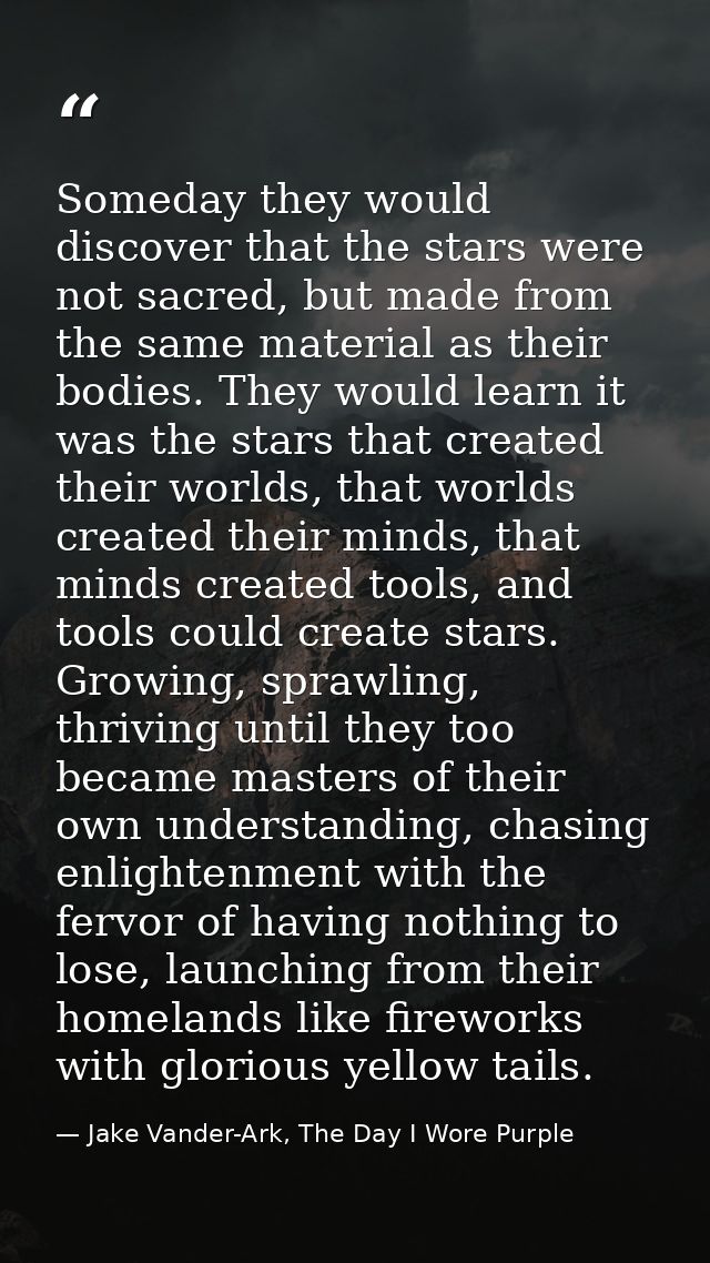 Someday they would discover that the stars were not sacred, but made from the same material as their bodies. They would  — Jake Vander-Ark, The Day I Wore Purple