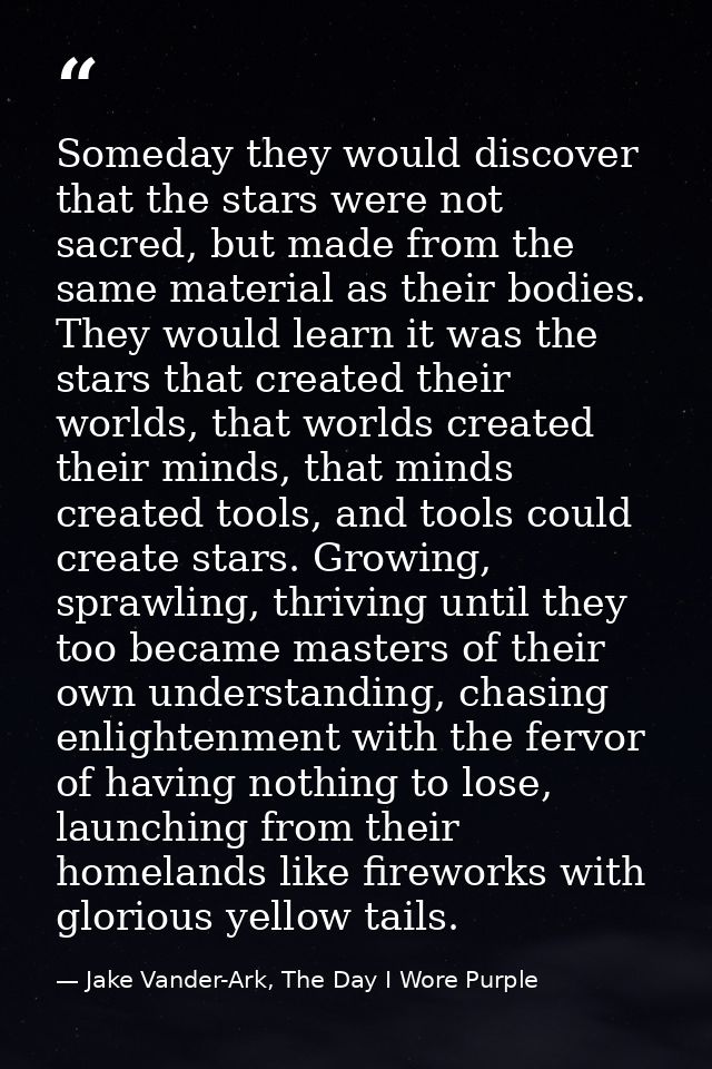 Someday they would discover that the stars were not sacred, but made from the same material as their bodies. They would  — Jake Vander-Ark, The Day I Wore Purple