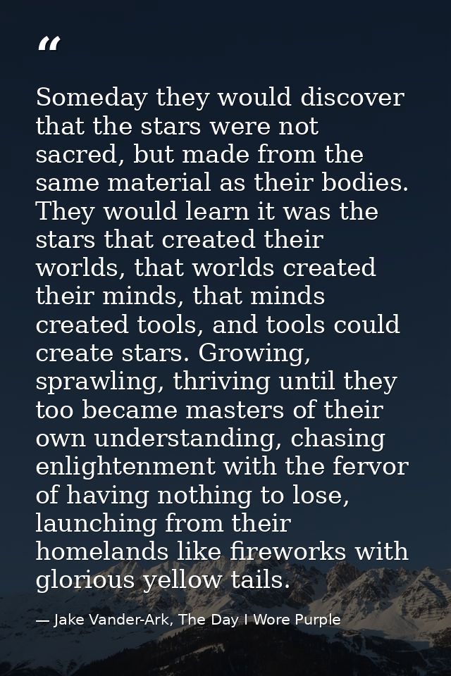 Someday they would discover that the stars were not sacred, but made from the same material as their bodies. They would  — Jake Vander-Ark, The Day I Wore Purple