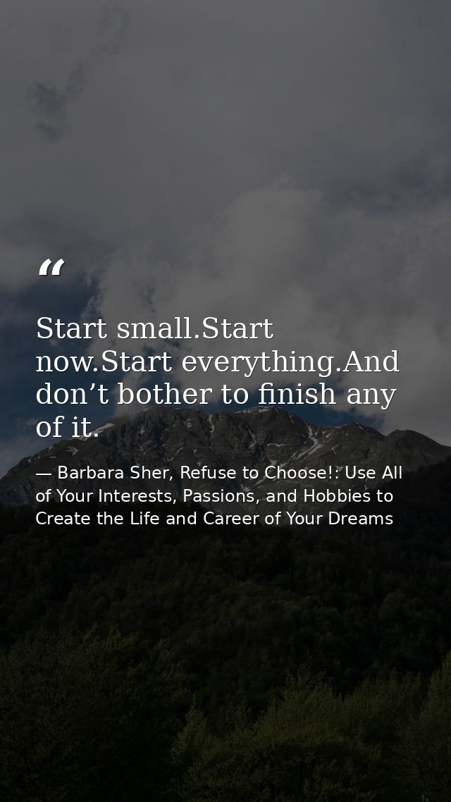 Start small.Start now.Start everything.And don’t bother to finish any of it. — Barbara Sher, Refuse to Choose!: Use All of Your Interests, Passions, and Hobbies to Create the Life and Career of Your Dreams