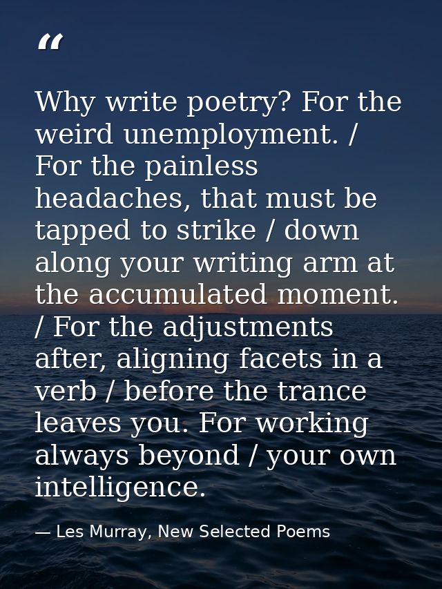 Why write poetry? For the weird unemployment. / For the painless headaches, that must be tapped to strike / down along y — Les Murray, New Selected Poems