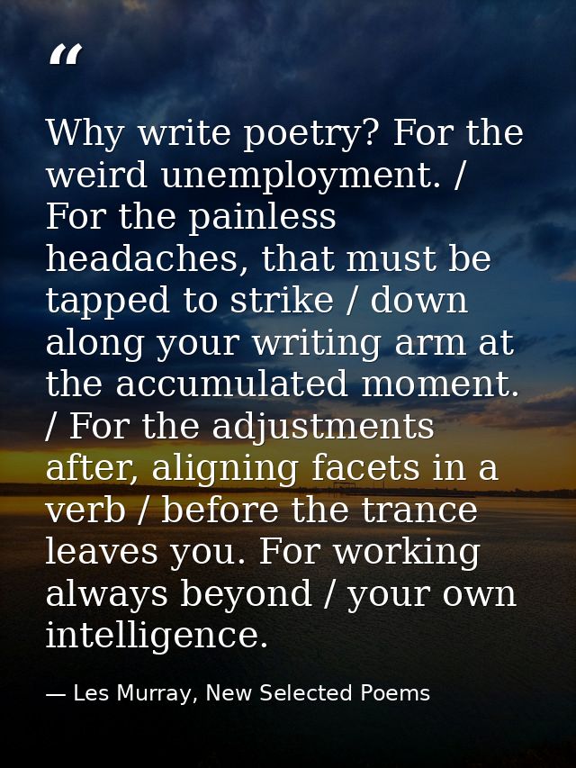 Why write poetry? For the weird unemployment. / For the painless headaches, that must be tapped to strike / down along y — Les Murray, New Selected Poems