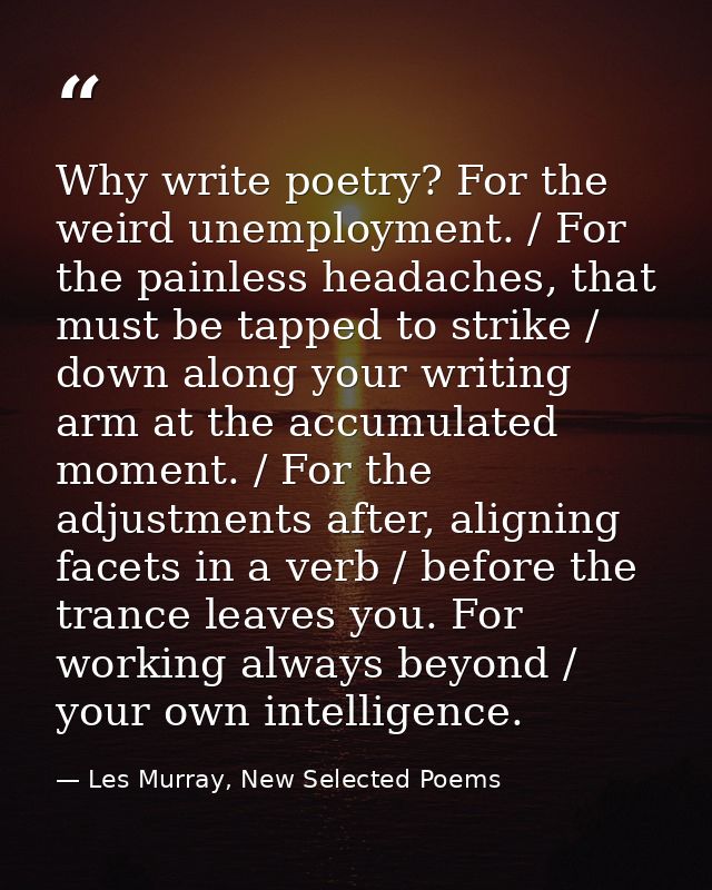 Why write poetry? For the weird unemployment. / For the painless headaches, that must be tapped to strike / down along y — Les Murray, New Selected Poems
