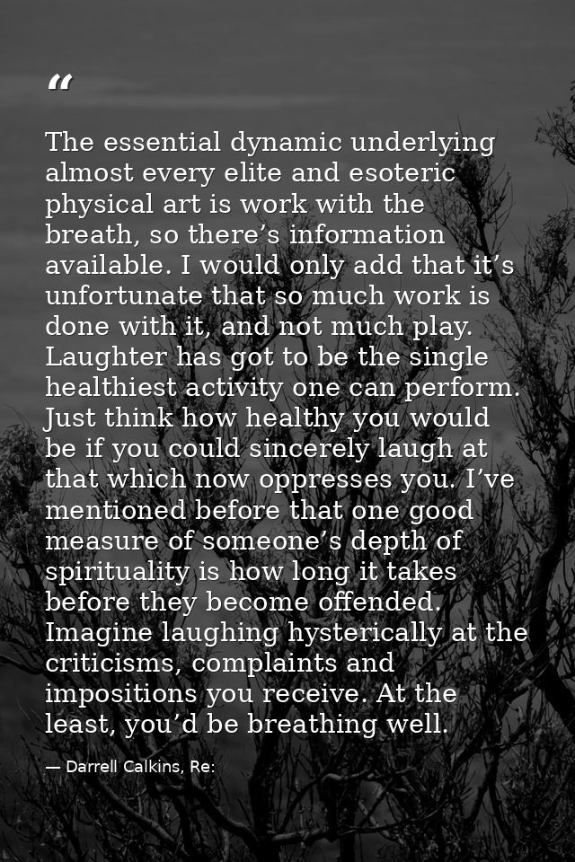 The essential dynamic underlying almost every elite and esoteric physical art is work with the breath, so there’s inform — Darrell Calkins, Re: