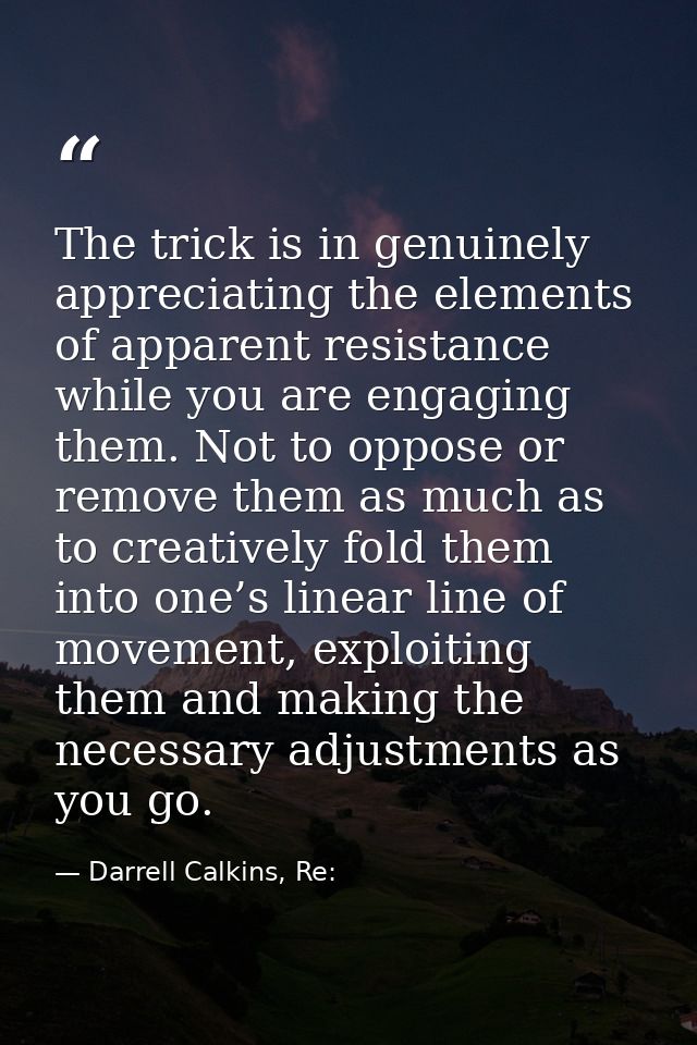 The trick is in genuinely appreciating the elements of apparent resistance while you are engaging them. Not to oppose or — Darrell Calkins, Re: