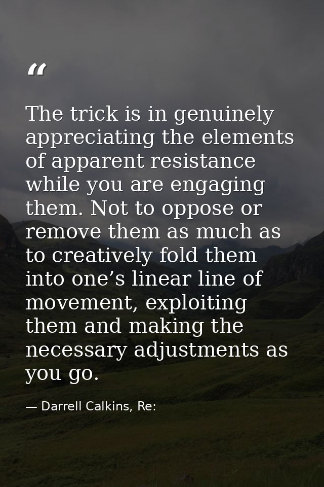 The trick is in genuinely appreciating the elements of apparent resistance while you are engaging them. Not to oppose or — Darrell Calkins, Re: