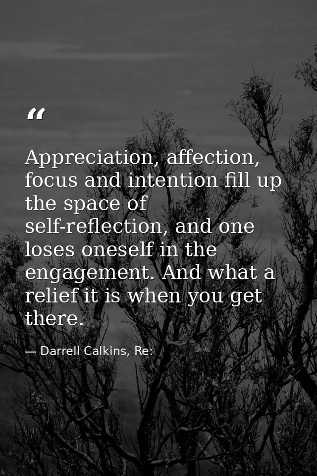 Appreciation, affection, focus and intention fill up the space of self-reflection, and one loses oneself in the engageme — Darrell Calkins, Re: