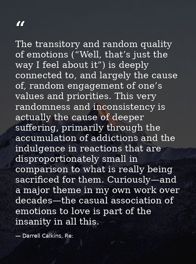 The transitory and random quality of emotions (“Well, that’s just the way I feel about it”) is deeply connected to, and  — Darrell Calkins, Re: