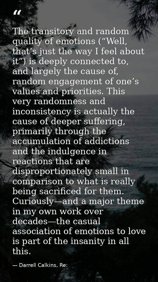 The transitory and random quality of emotions (“Well, that’s just the way I feel about it”) is deeply connected to, and  — Darrell Calkins, Re:
