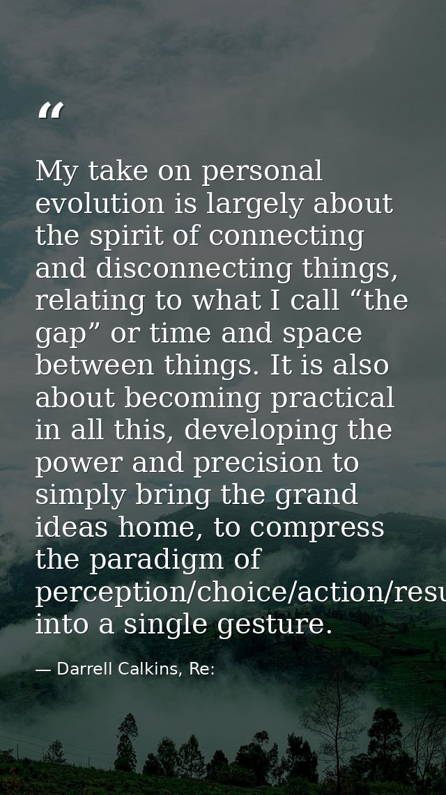 My take on personal evolution is largely about the spirit of connecting and disconnecting things, relating to what I cal — Darrell Calkins, Re: