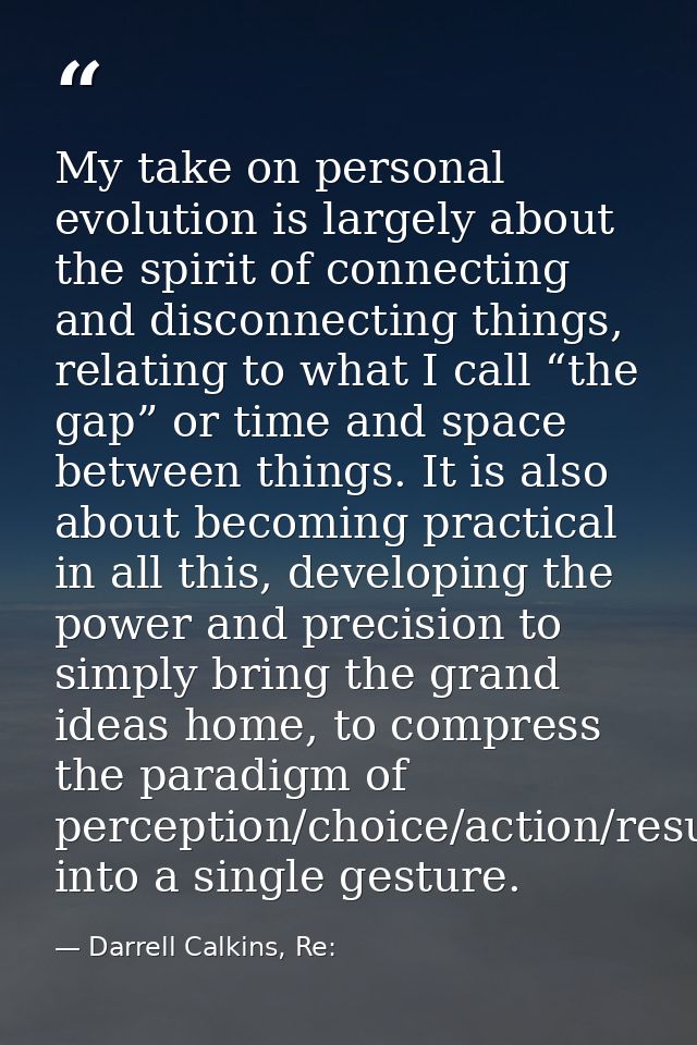My take on personal evolution is largely about the spirit of connecting and disconnecting things, relating to what I cal — Darrell Calkins, Re: