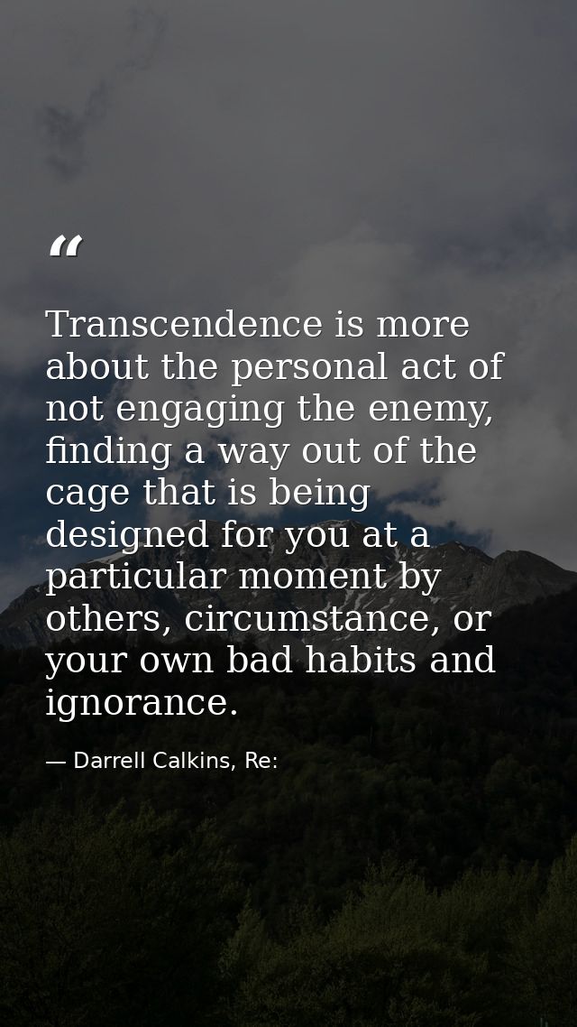 Transcendence is more about the personal act of not engaging the enemy, finding a way out of the cage that is being desi — Darrell Calkins, Re: