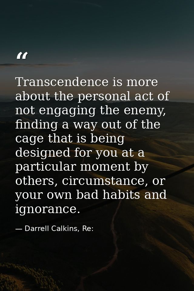 Transcendence is more about the personal act of not engaging the enemy, finding a way out of the cage that is being desi — Darrell Calkins, Re: