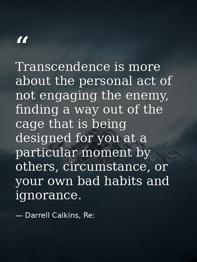 Transcendence is more about the personal act of not engaging the enemy, finding a way out of the cage that is being desi — Darrell Calkins, Re: