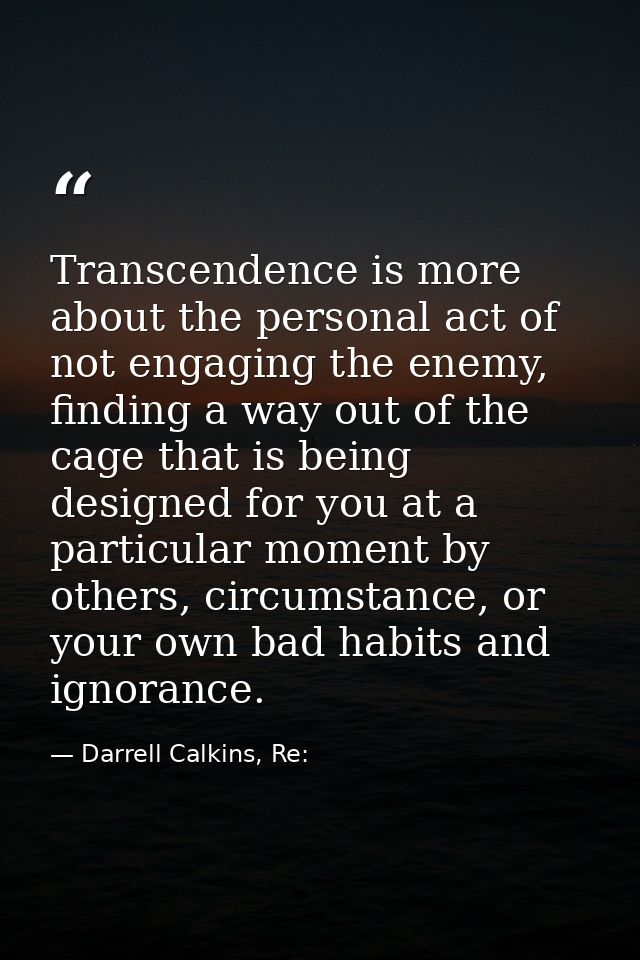 Transcendence is more about the personal act of not engaging the enemy, finding a way out of the cage that is being desi — Darrell Calkins, Re: