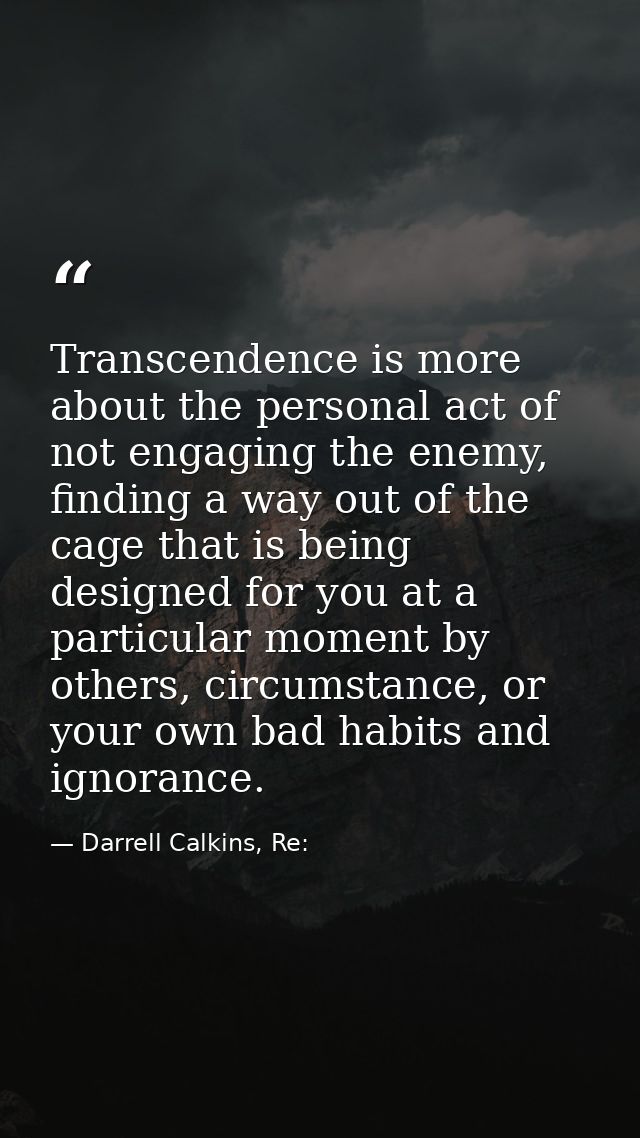 Transcendence is more about the personal act of not engaging the enemy, finding a way out of the cage that is being desi — Darrell Calkins, Re: