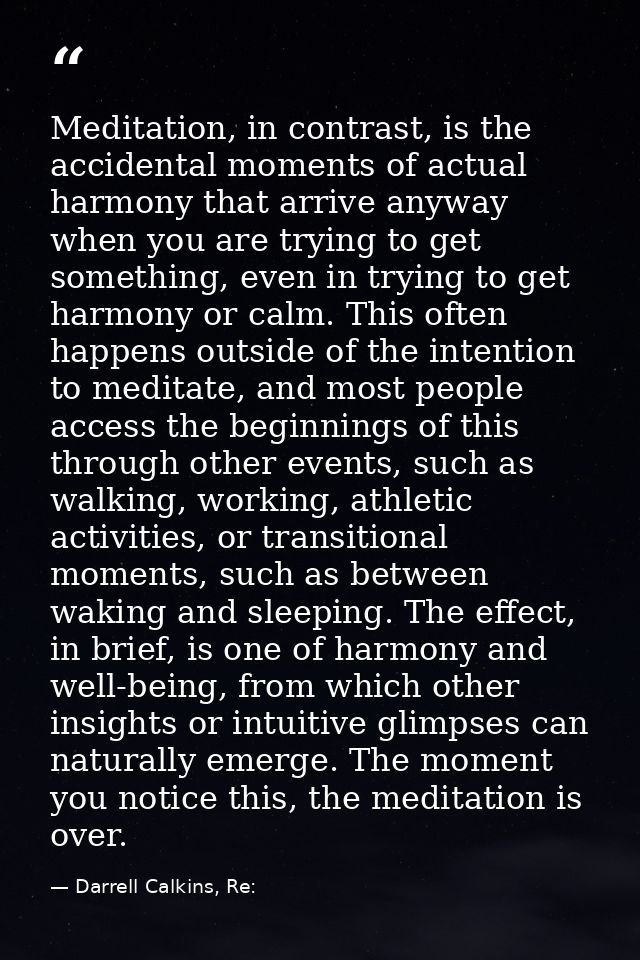 Meditation, in contrast, is the accidental moments of actual harmony that arrive anyway when you are trying to get somet — Darrell Calkins, Re: