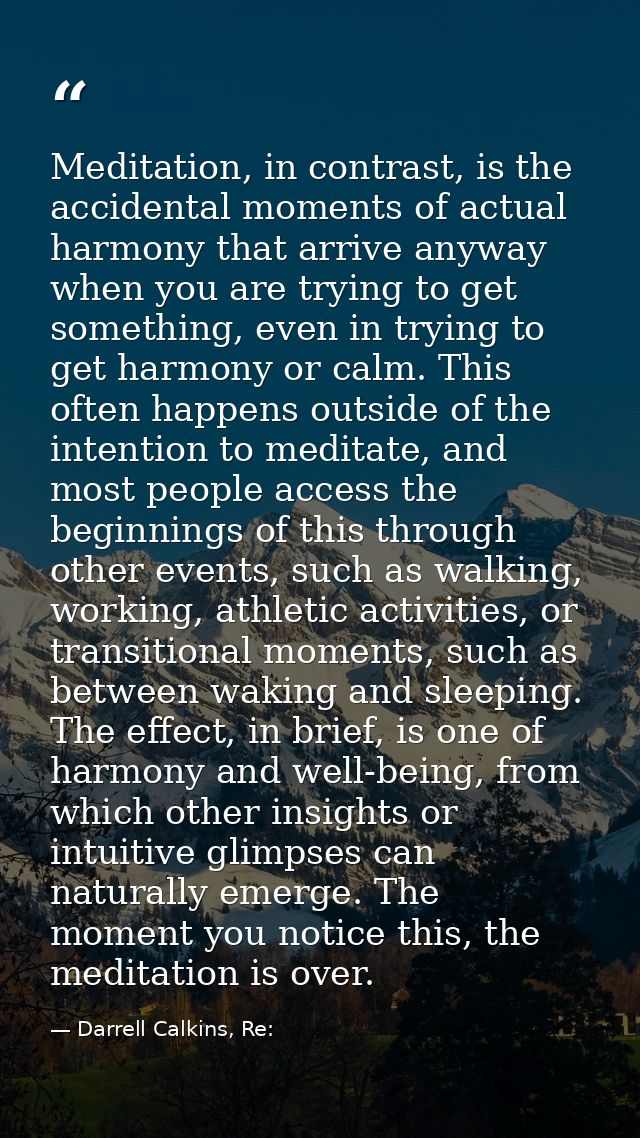 Meditation, in contrast, is the accidental moments of actual harmony that arrive anyway when you are trying to get somet — Darrell Calkins, Re: