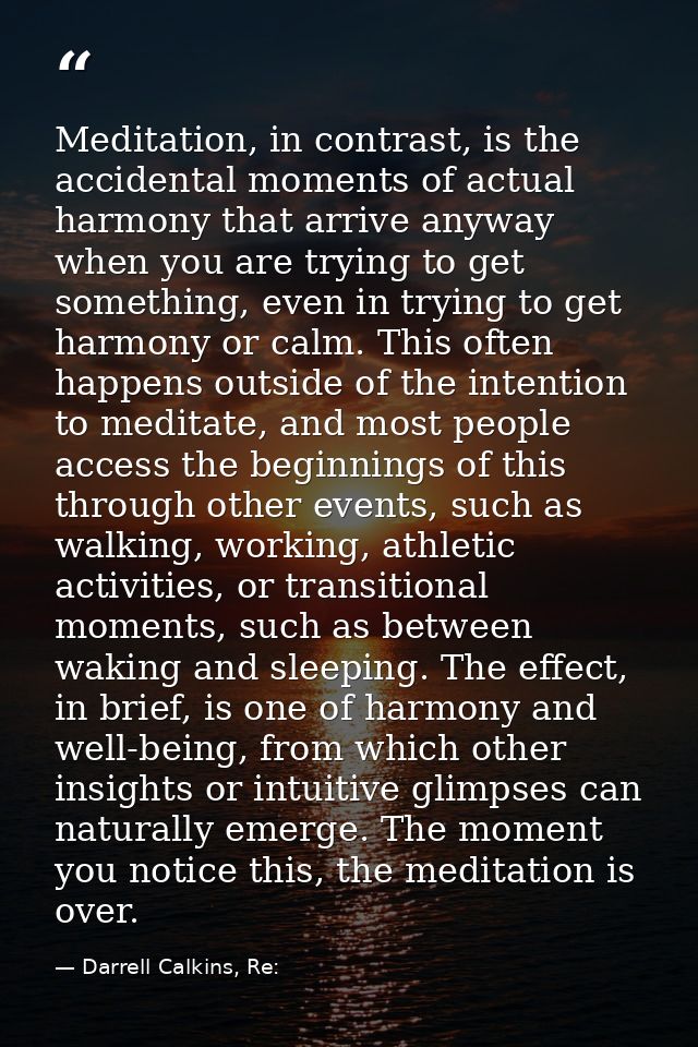 Meditation, in contrast, is the accidental moments of actual harmony that arrive anyway when you are trying to get somet — Darrell Calkins, Re: